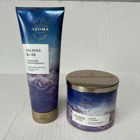 Bath & Body Works AROMA CALMING SKIES Lavender Peppermint Candle & Body Wash SET - Picture 1 of 4